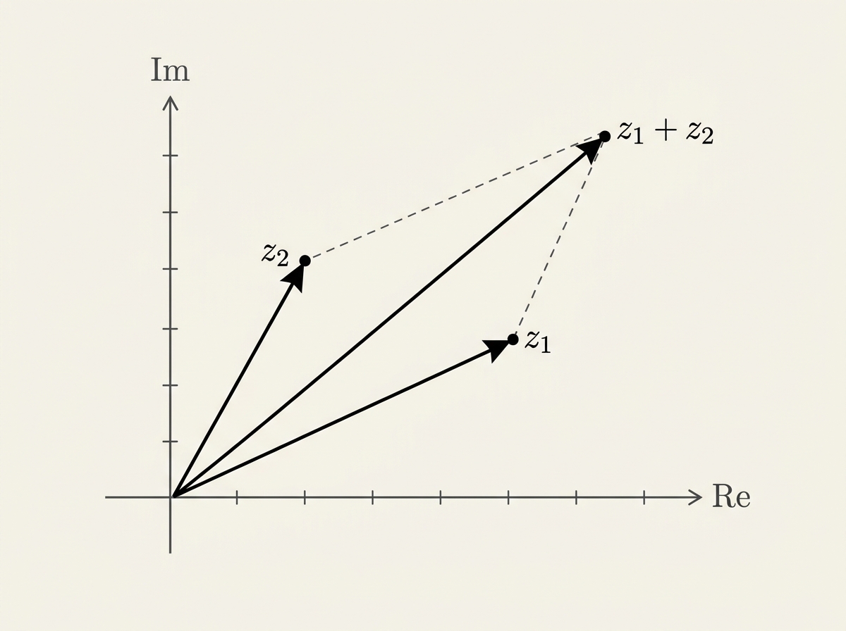 Argand diagram showing z1, z2 plotted as points, and z1 + z2 constructed by the parallelogram rule