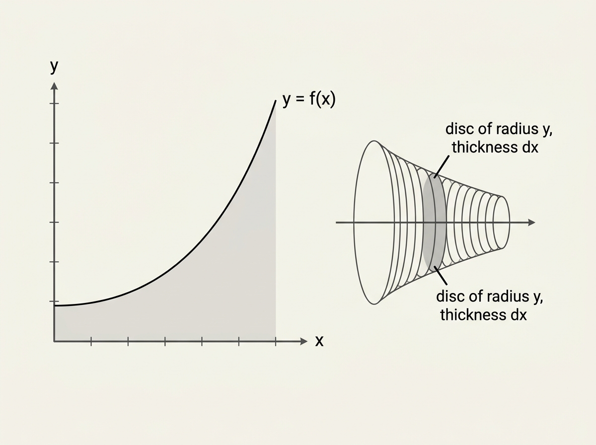 Diagram showing a curve above the x-axis with a thin vertical strip of width delta x and height y, and the solid of revolution formed by rotating the region about the x-axis, sliced into thin discs of radius y