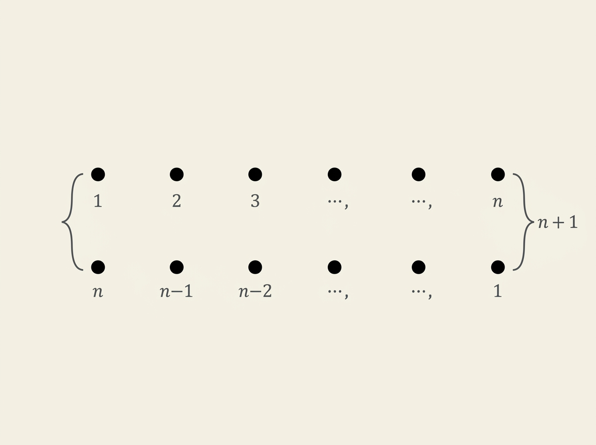 Two rows of dots representing the numbers 1 to n written forwards and backwards, with brackets showing each vertical pair adding to n plus 1