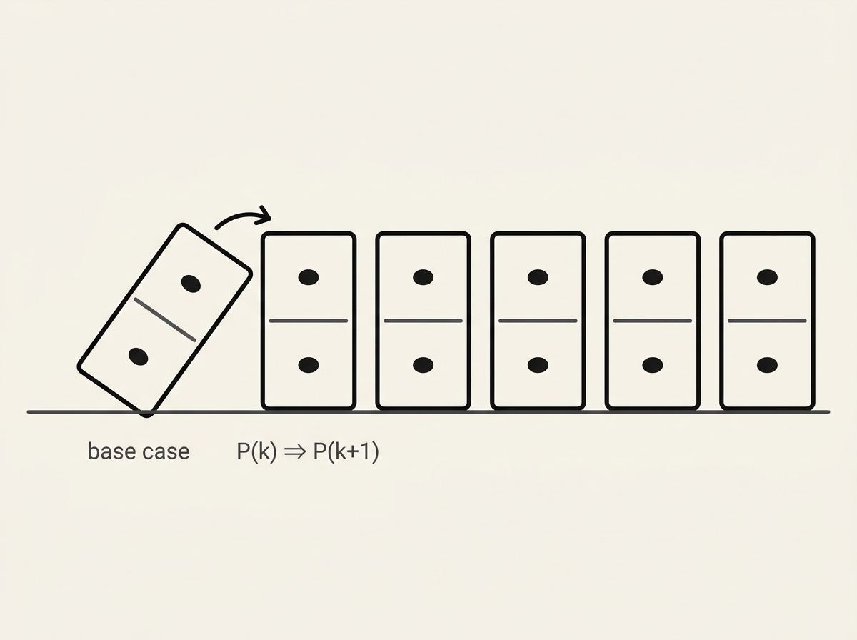 A row of dominoes falling one after another, with the first domino labelled base case and an arrow showing each domino knocking over the next labelled inductive step