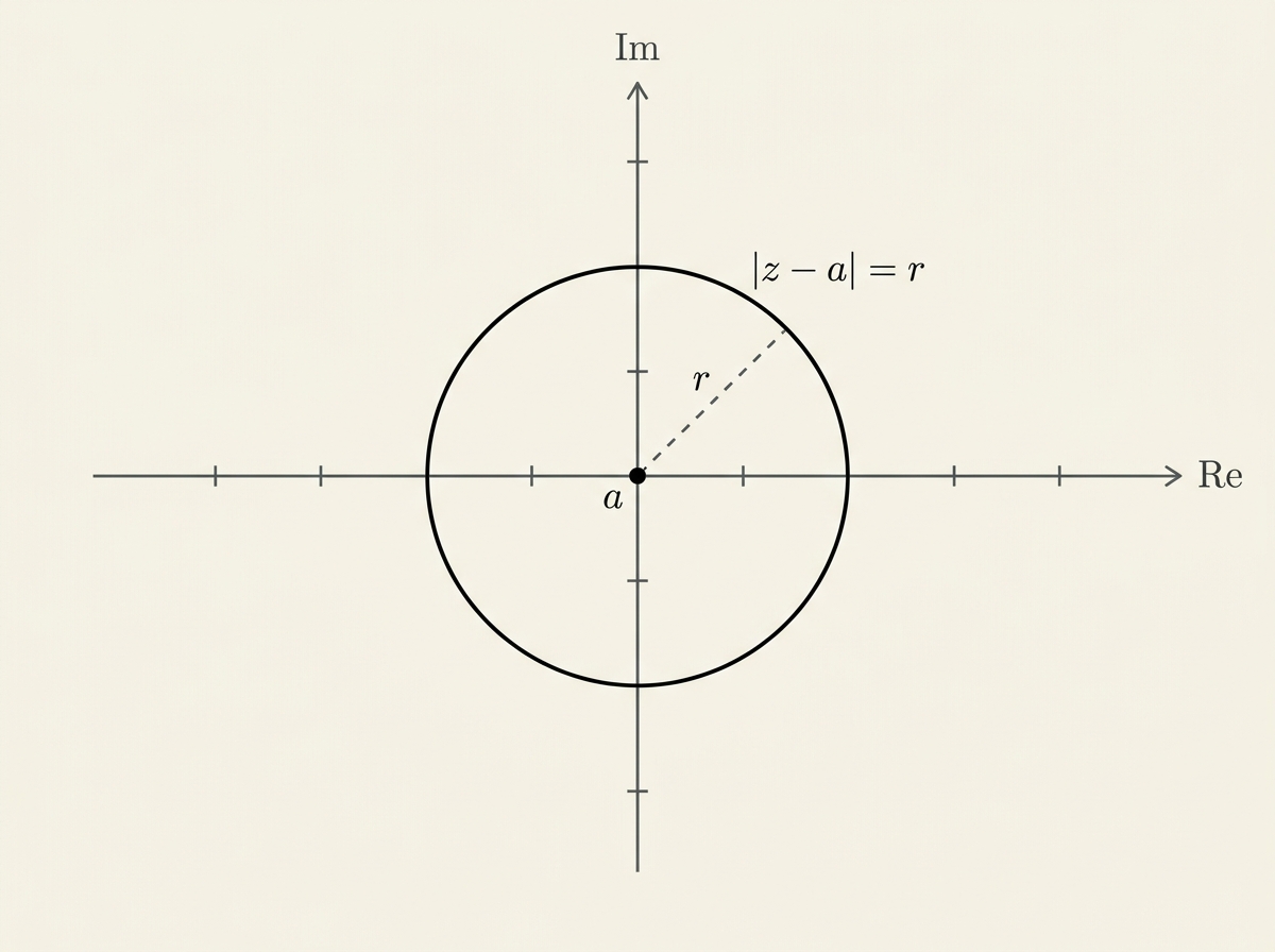 Argand diagram showing the circle locus |z-a|=r, centre a, radius r