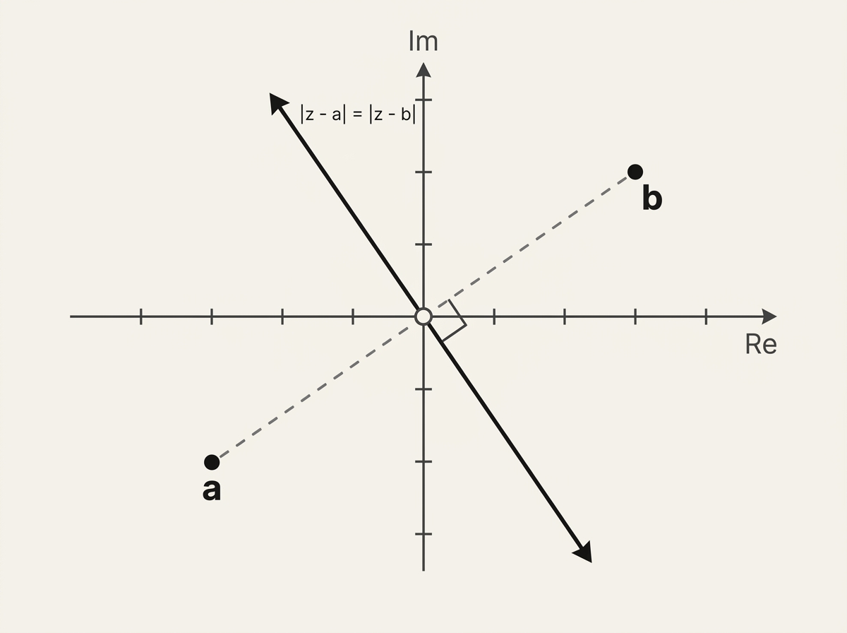 Argand diagram showing the perpendicular bisector locus |z-a|=|z-b| between points a and b