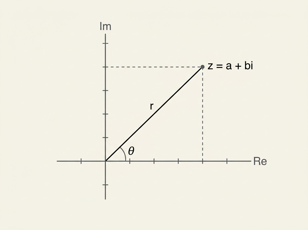 An Argand diagram showing a complex number as a point with a line from the origin labelled r, and the angle theta marked between this line and the positive real axis, with dashed lines showing the real and imaginary components