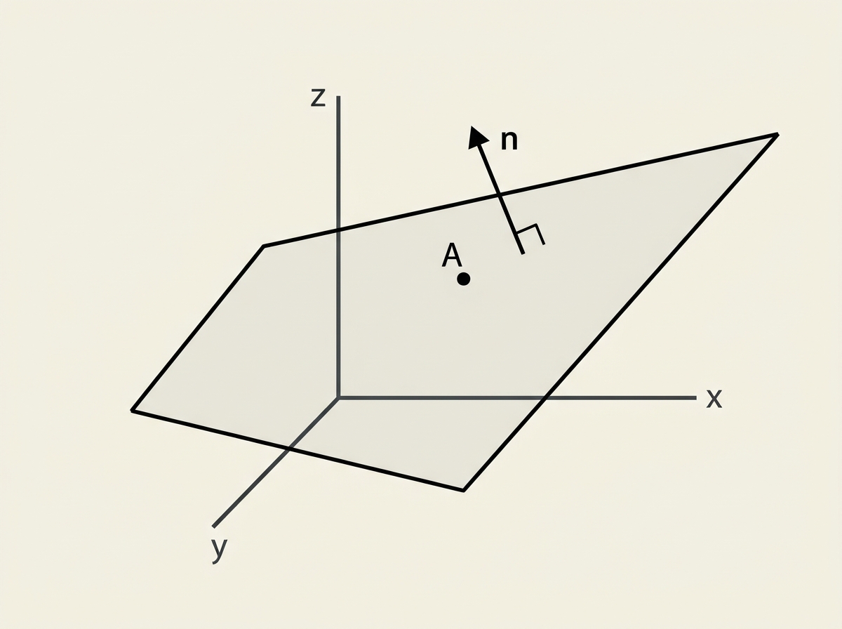 A 3D coordinate system showing a flat plane, with a normal vector n drawn perpendicular to the plane from a point A on the plane, and a dashed line showing the perpendicular relationship