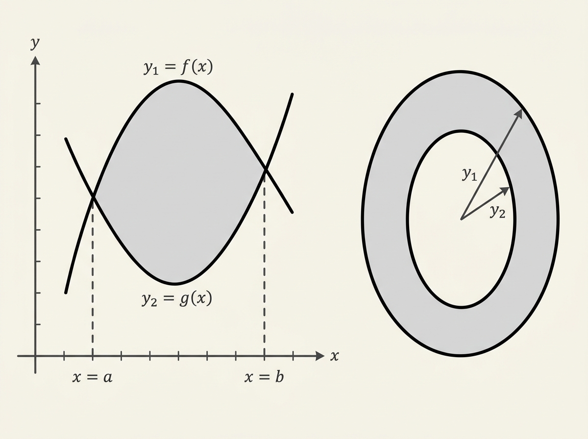 Two curves with the region between them shaded, next to a single washer-shaped cross section shown as an outer circle with a smaller concentric circle removed from its centre
