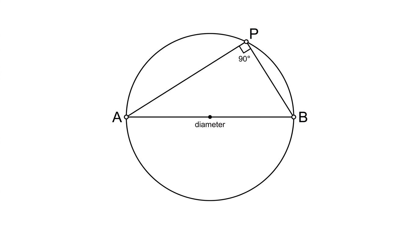 A circle with a diameter AB drawn through its centre. A point P on the circle is joined to both A and B, and the angle APB at P is marked as a right angle, 90 degrees.