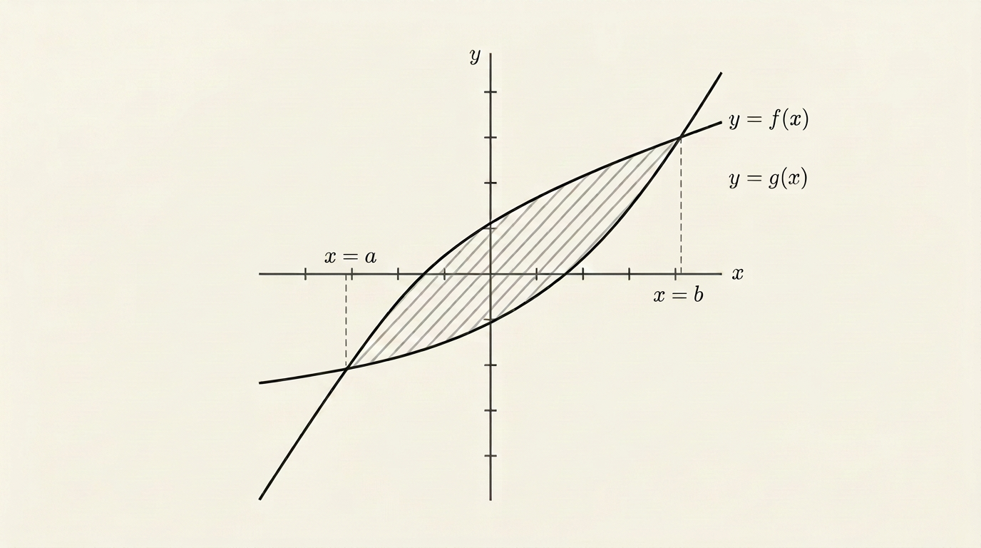 Two curves y = f(x) and y = g(x) on a set of axes, crossing at two points labelled x = a and x = b. Between these two intersection points, f(x) lies above g(x), and the enclosed region between the two curves is shaded.