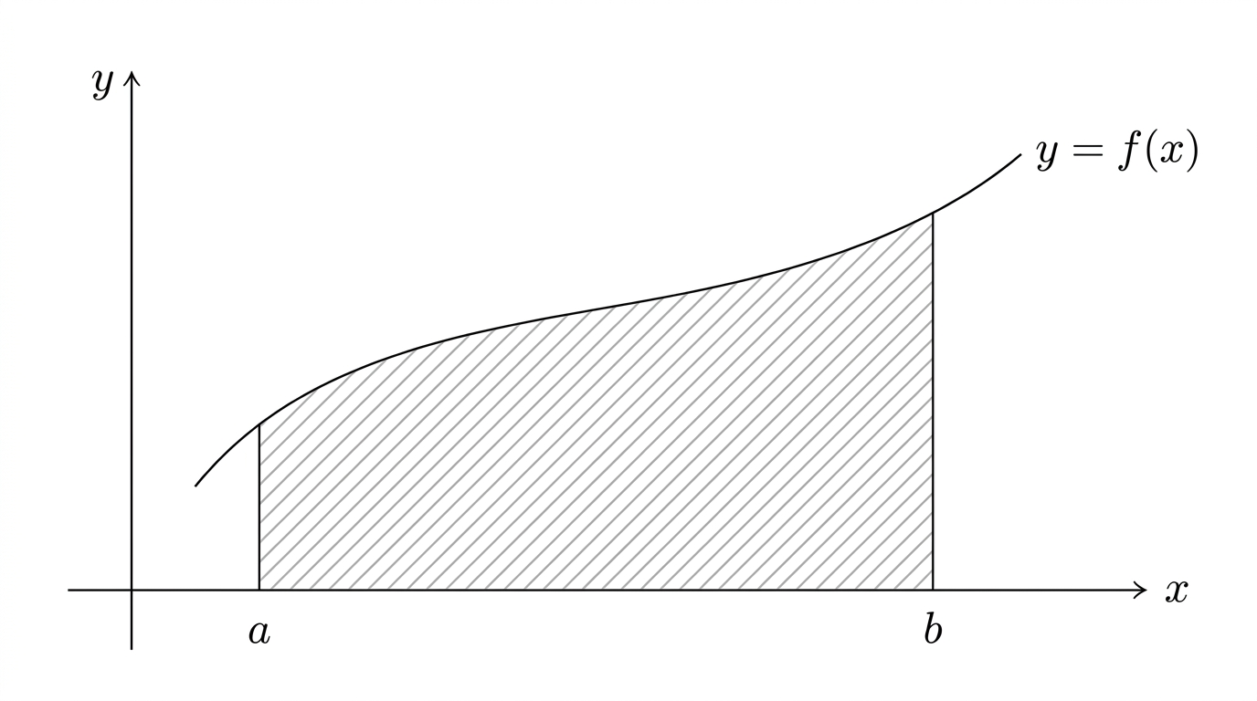 A curve labelled y = f(x) lying above the x-axis. Two vertical lines drop from the curve to the axis, meeting it at points labelled a and b. The region enclosed by the curve, the axis and the two vertical lines is filled with diagonal hatching.