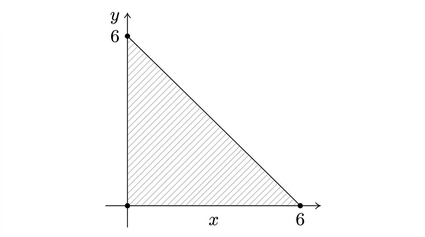 Cartesian axes with a triangular region enclosed by the x-axis, the y-axis, and one diagonal straight line, filled with light grey diagonal hatching, with the three vertices marked as small dots.