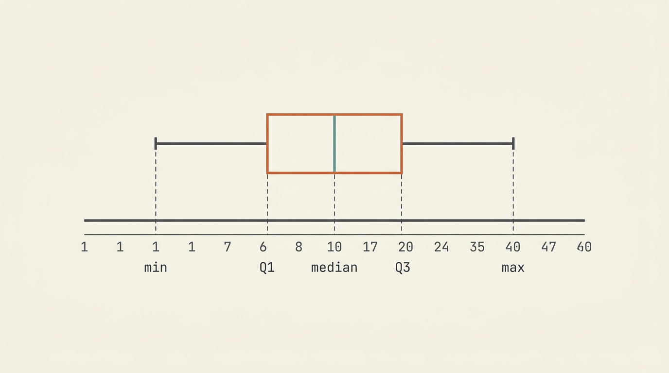 A horizontal box plot on a numbered axis, showing a whisker from the minimum to the lower quartile, a box from the lower quartile to the upper quartile with a line at the median inside it, and a whisker from the upper quartile to the maximum.