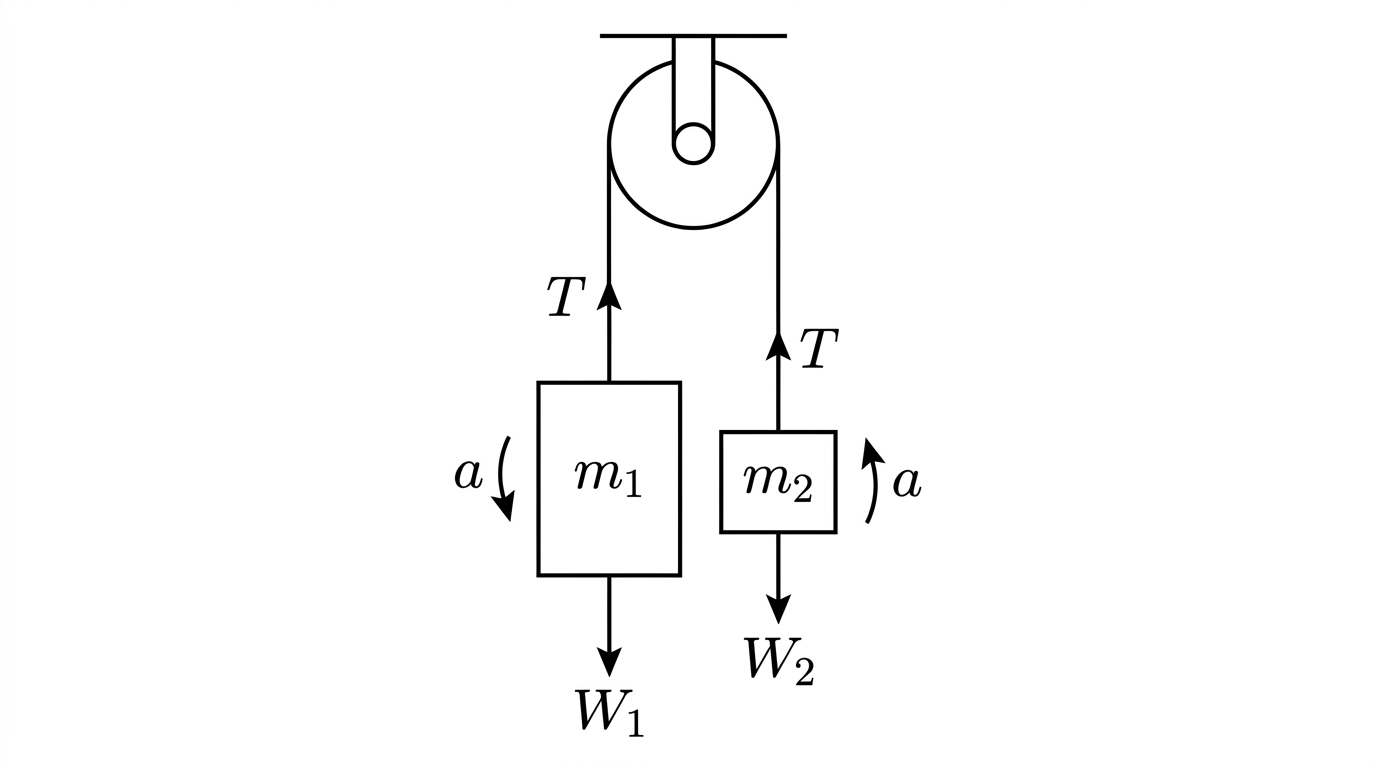 A diagram of two masses connected by a string that passes over a small pulley fixed at the top. The larger mass hangs on the left and is labelled with a downward arrow for its weight and an upward arrow for tension. The smaller mass hangs on the right with a downward weight arrow and an upward tension arrow. A curved arrow shows the direction of motion: the larger mass moving down and the smaller mass moving up, both labelled with the same acceleration a.