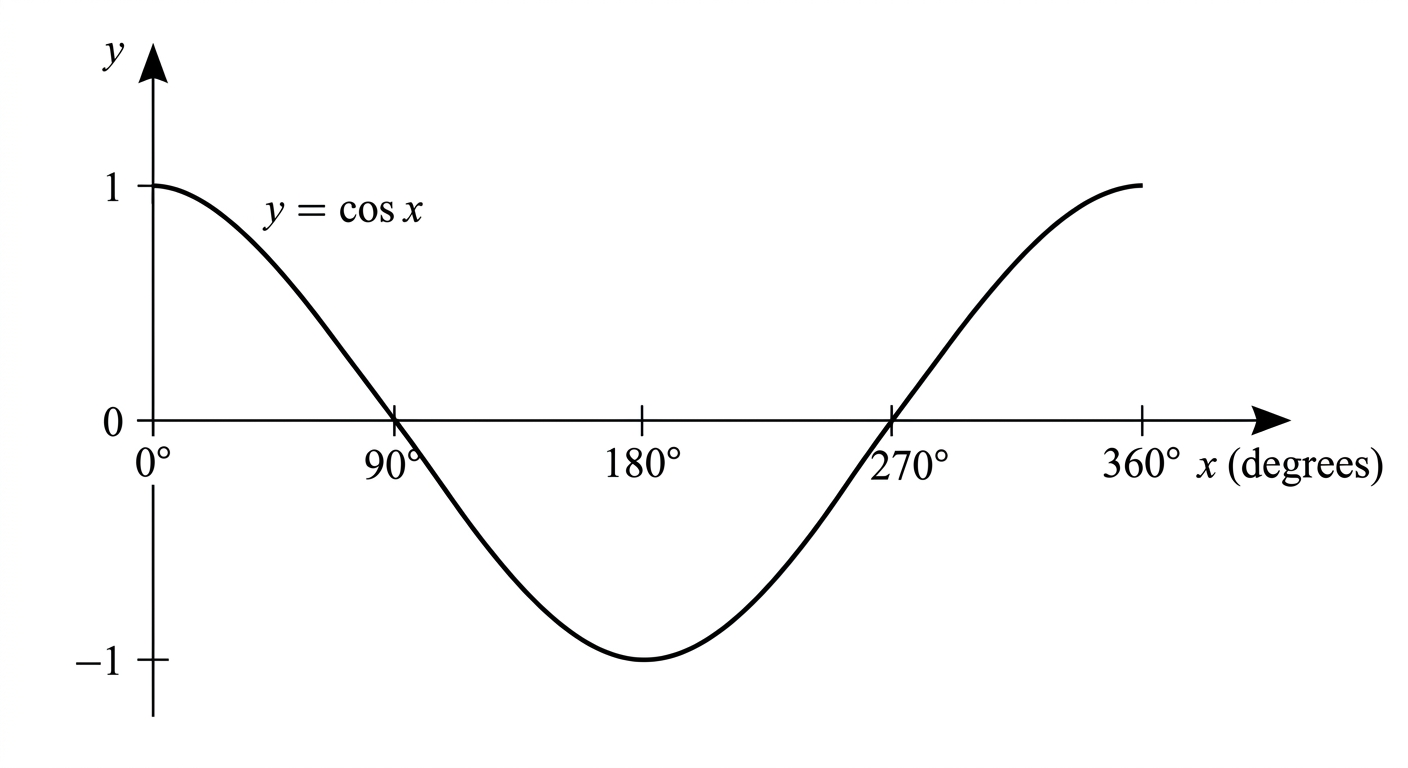 The graph of y = cos x for x from 0 to 360 degrees. It starts at 1, falls through 0 at 90 degrees to a minimum of minus 1 at 180 degrees, back through 0 at 270 degrees, and returns to 1 at 360 degrees.