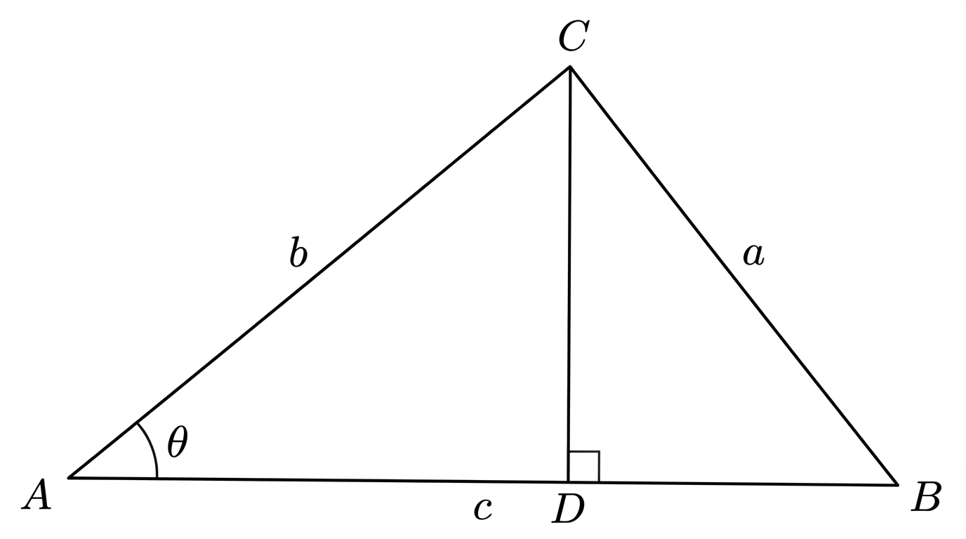 Triangle ABC with a perpendicular CD dropped from C to the base AB at point D, forming a right angle at D. Angle theta is at A, side a is opposite A (CB), side b is opposite B (CA), and side c is the base AB.