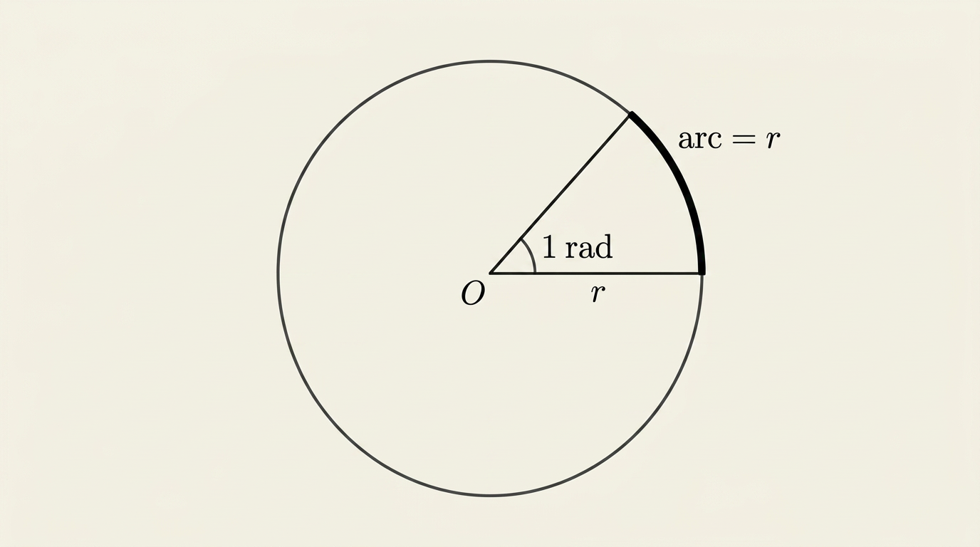 A circle centred at O. A radius r is drawn to a point on the circle, and a second radius is drawn to a nearby point on the circle so that the arc between them, along the circle's edge, is exactly equal in length to the radius r. The angle at O between the two radii is marked and labelled 1 rad.