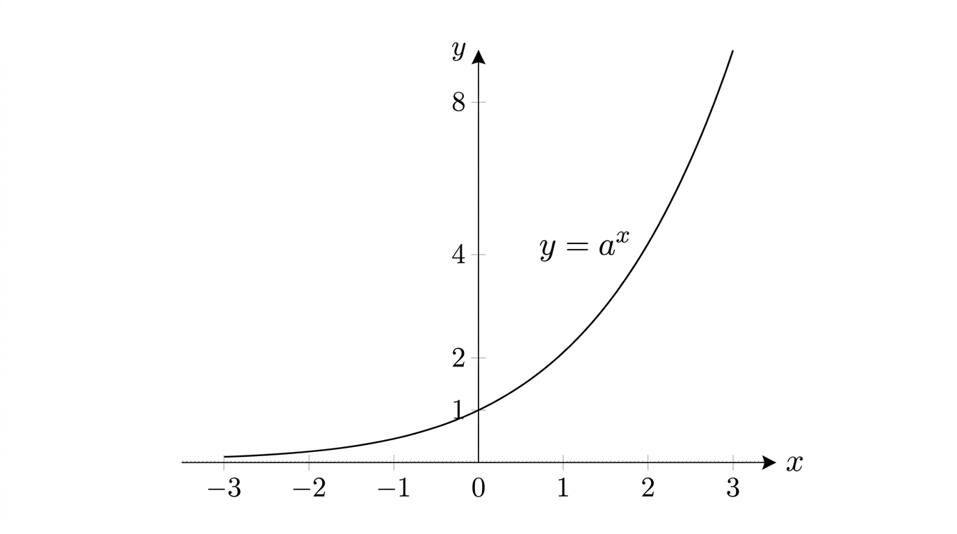 The graph of the exponential function y = a to the x for a base greater than 1. The curve passes through the point (0, 1), rises steeply to the right, and flattens away towards the x-axis on the left, which acts as a horizontal asymptote.
