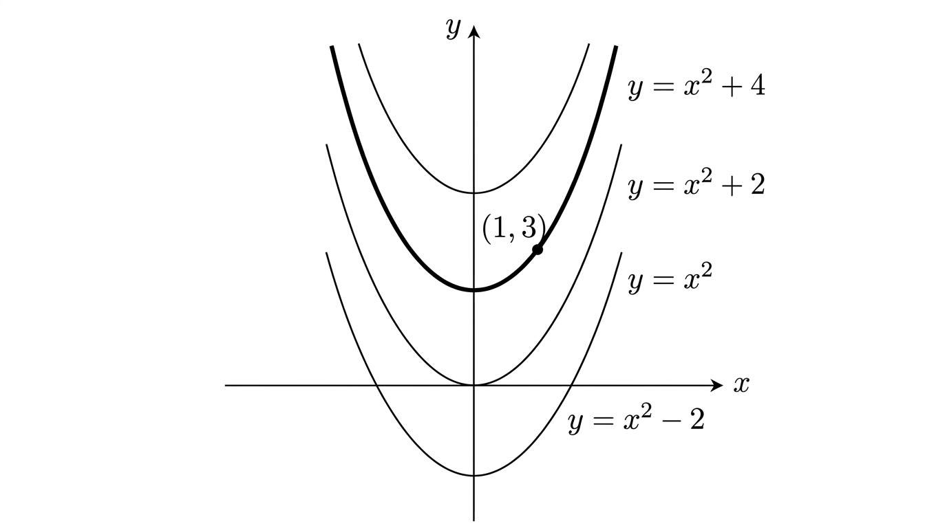 Four parabolas of identical shape stacked vertically on the same axes, labelled y = x squared minus 2, y = x squared, y = x squared plus 2, and y = x squared plus 4. The curve y = x squared plus 2 is drawn thicker than the other three, and a solid dot on it marks the point (1, 3).