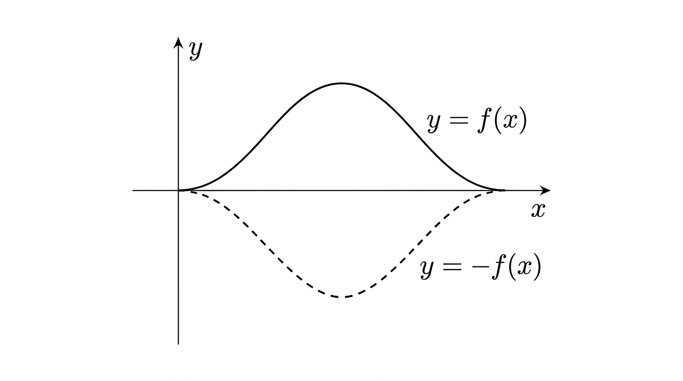 Cartesian axes with a curve drawn as a solid line above the horizontal axis, and its mirror image drawn as a dashed line below the horizontal axis, showing a reflection in the x-axis.
