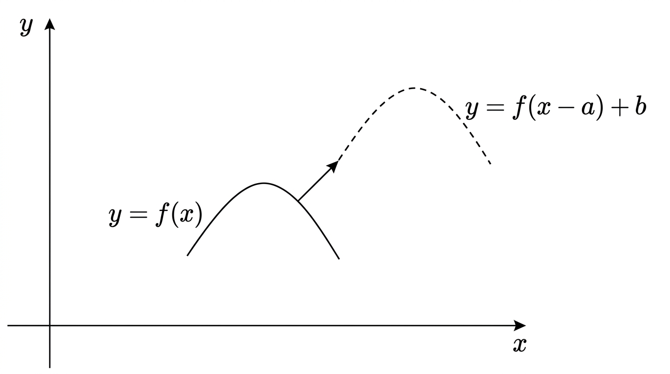 Cartesian axes with one curve drawn as a solid line, and a second, shifted version of the same curve drawn as a dashed line beside it, with a short arrow indicating the translation between them.