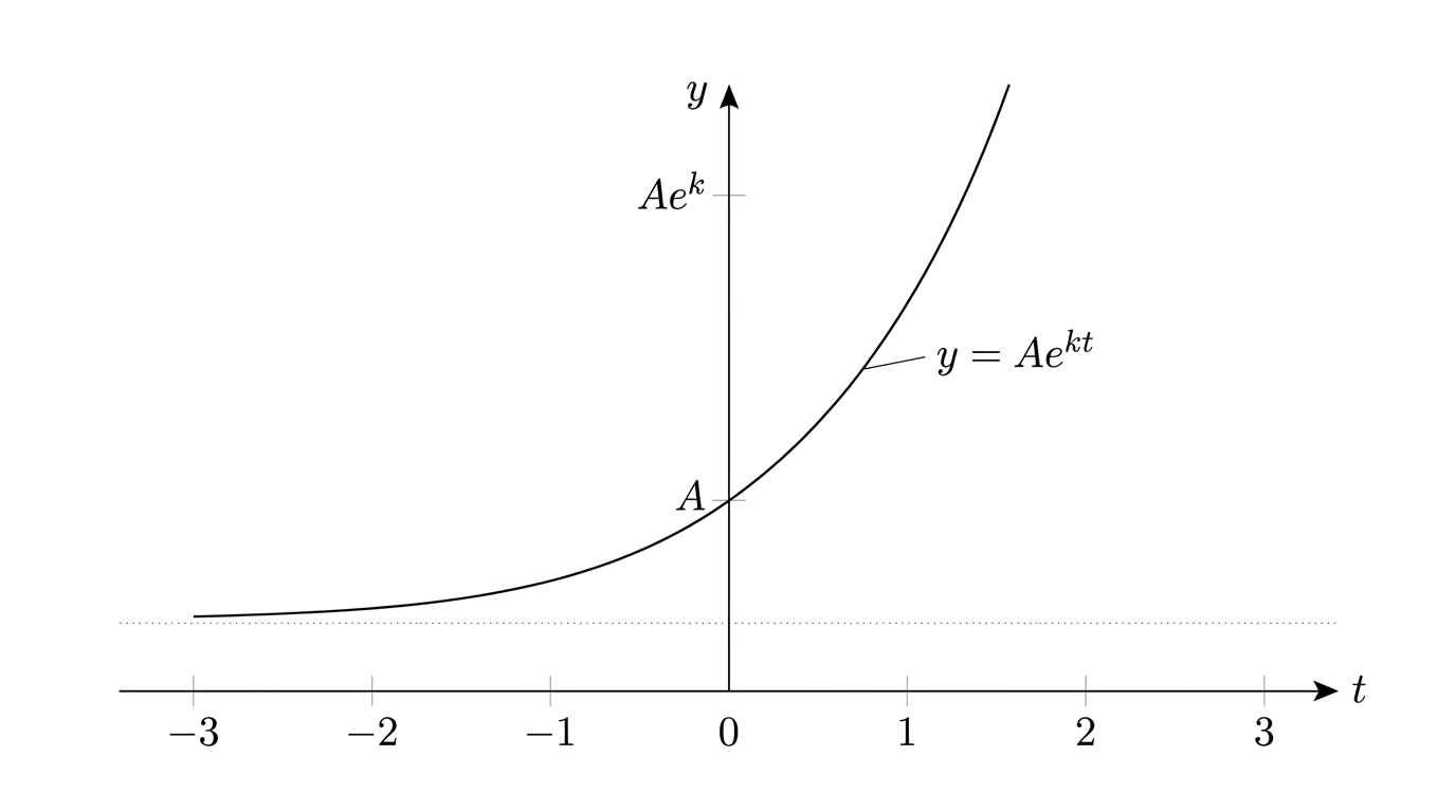 The graph of the exponential model y = A times e to the power k t, plotted against time t, for a positive value of k. The curve starts at the initial amount A on the vertical axis at t = 0 and rises ever more steeply, while flattening towards zero for negative t.
