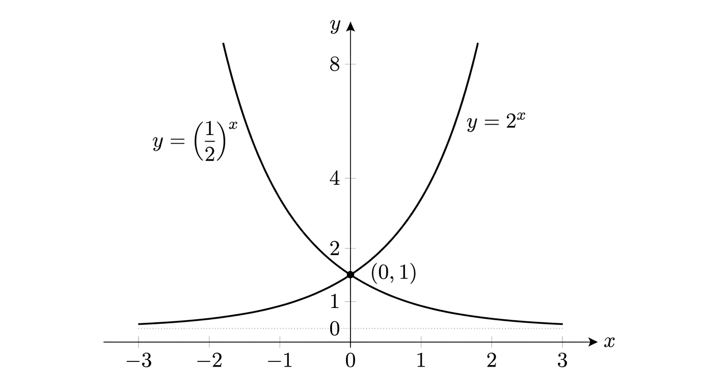 The graphs of y = 2 to the x and y = one half to the x drawn on the same axes. The curve y = 2 to the x rises steeply to the right, while y = one half to the x falls to the right. They are mirror images in the y-axis and cross at the marked point (0, 1). Both flatten towards the x-axis, which is a horizontal asymptote.