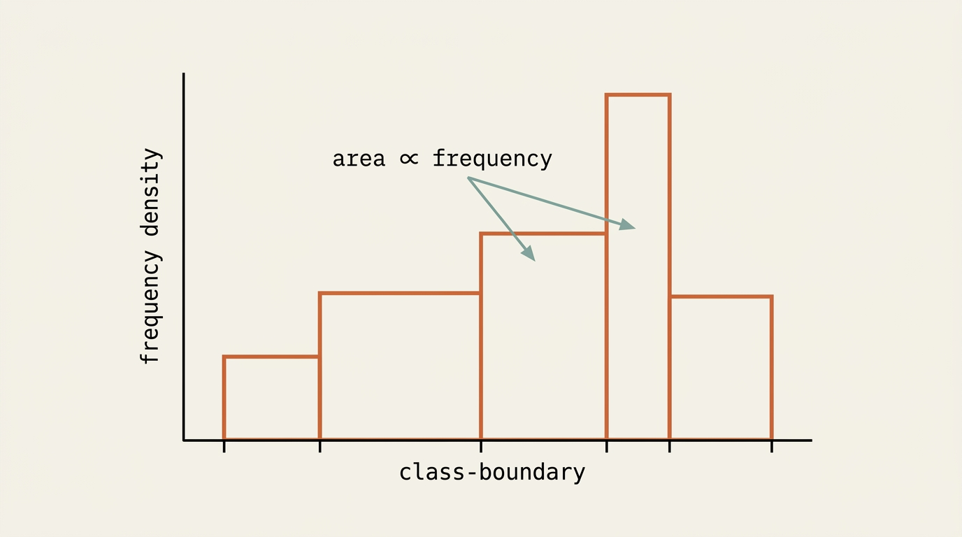 A histogram with bars of varying widths on the horizontal axis and frequency density on the vertical axis, where one wide bar is shorter and one narrow bar is taller, illustrating that bar area rather than bar height represents frequency.