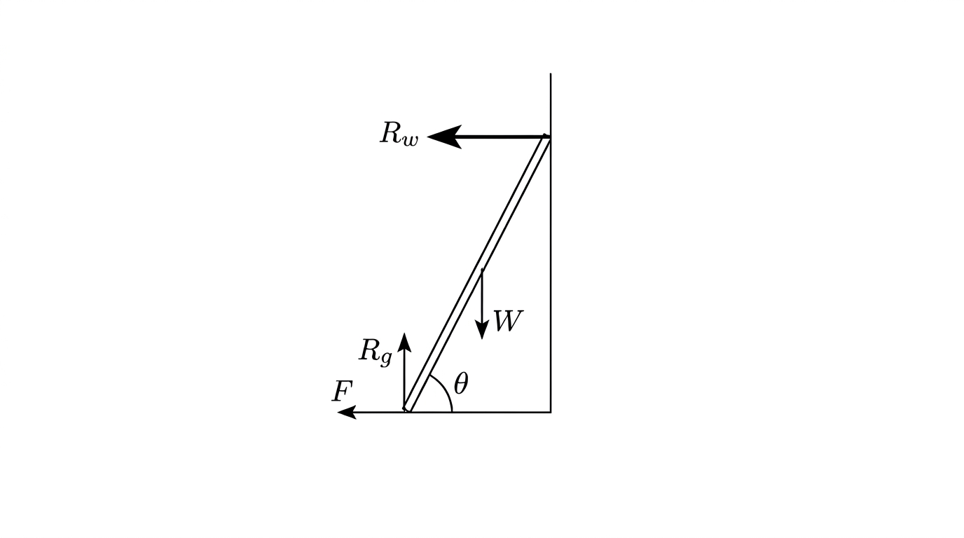 A diagram of a straight ladder leaning against a vertical wall on the right, resting on horizontal ground, making angle theta with the ground. At the foot of the ladder on the ground, an upward arrow labelled R sub g represents the normal reaction and a horizontal arrow labelled F represents friction, pointing away from the wall. At the top of the ladder against the wall, a horizontal arrow labelled R sub w points away from the wall, representing the smooth wall's normal reaction. A downward arrow at the ladder's midpoint is labelled W for its weight.