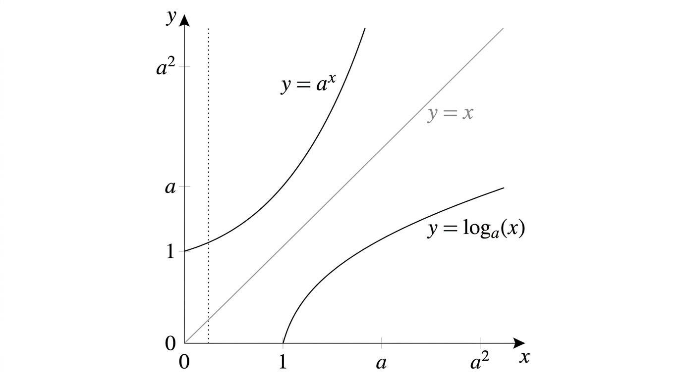 The graph of y = a to the x and the graph of y = log base a of x drawn on the same axes, shown as reflections of each other in the line y = x. The exponential passes through (0,1) and the logarithm through (1,0).
