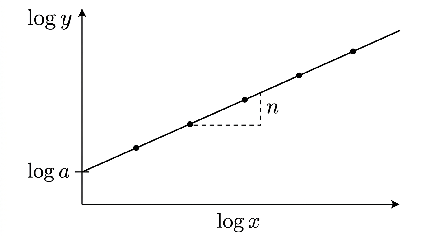 A log-log plot: log y on the vertical axis against log x on the horizontal axis, showing data points lying on a straight line. The gradient of the line is labelled n and the vertical intercept is labelled log a.