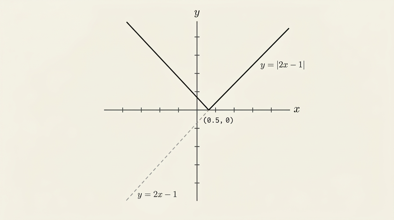 A V-shaped graph of y equals the modulus of 2x minus 1, showing a straight line coming down from the upper left, hitting a sharp vertex at the point (0.5, 0) on the x-axis, then rising straight back up to the upper right, entirely on or above the x-axis, with a dashed grey line beneath the x-axis showing where the original unreflected line y = 2x - 1 would have continued.