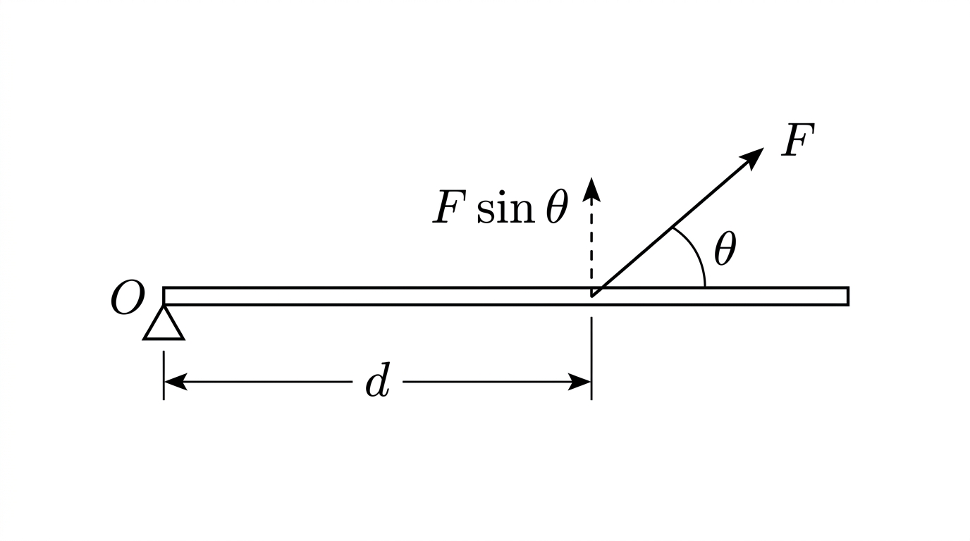 A diagram of a horizontal rod pivoted at a point marked with a triangle at its left end. A force arrow labelled F acts at a point on the rod a distance d from the pivot, pointing up and to the right at angle theta above the rod, not perpendicular to it. A dashed line extends the force's line of action beyond its point of application, and a dashed perpendicular line drops from the pivot to meet this extended line at a right angle, labelled d sin theta. A separate short dashed arrow at the point of application shows the component of F perpendicular to the rod, labelled F sin theta.