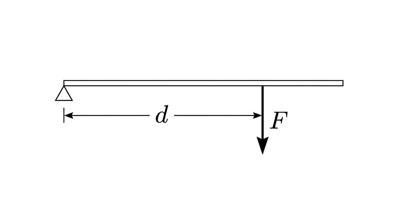 A diagram of a horizontal rod pivoted at a point marked with a triangle at its left end. A force arrow labelled F acts downward at a point on the rod a distance d from the pivot, with the distance d marked along the rod between the pivot and the point where the force acts. A curved arrow near the pivot indicates the clockwise turning sense produced by the force.