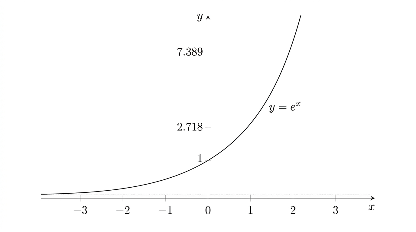 The graph of the natural exponential function y = e to the x. The curve passes through (0, 1), reaches about 2.718 at x = 1 and about 7.389 at x = 2, and flattens towards the x-axis as x decreases.