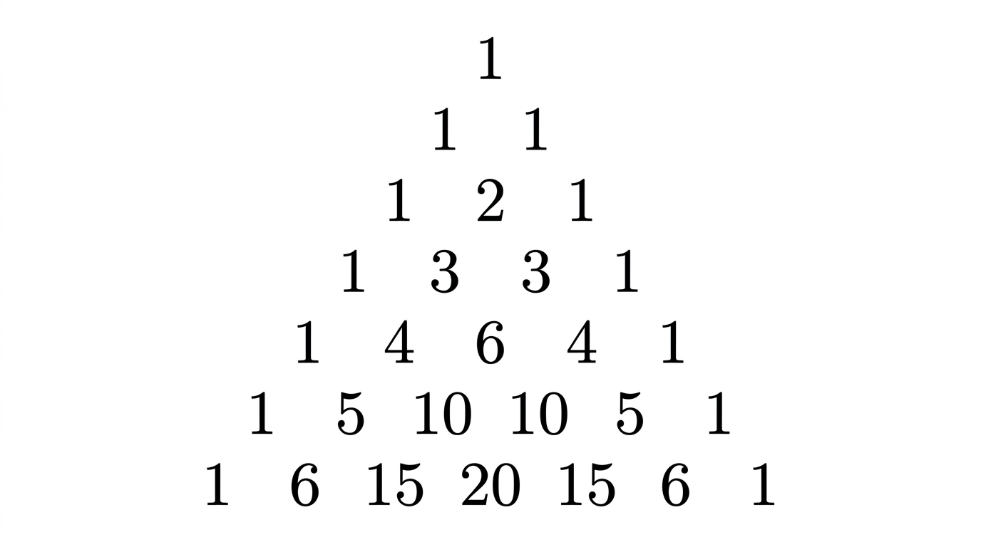 Pascal's triangle drawn as a symmetric triangle of numbers from row 0 to row 6, each row centred beneath the one above, showing 1, 1 1, 1 2 1, 1 3 3 1, and so on down to row 6.