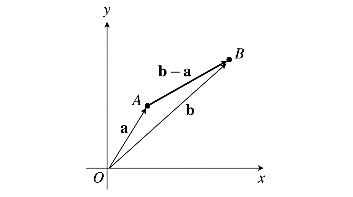 Two points A and B on a grid, each joined to the origin O by a position vector labelled a and b. The vector from A to B is drawn directly, and shown to equal b minus a. A triangle OAB is formed by the three vectors.