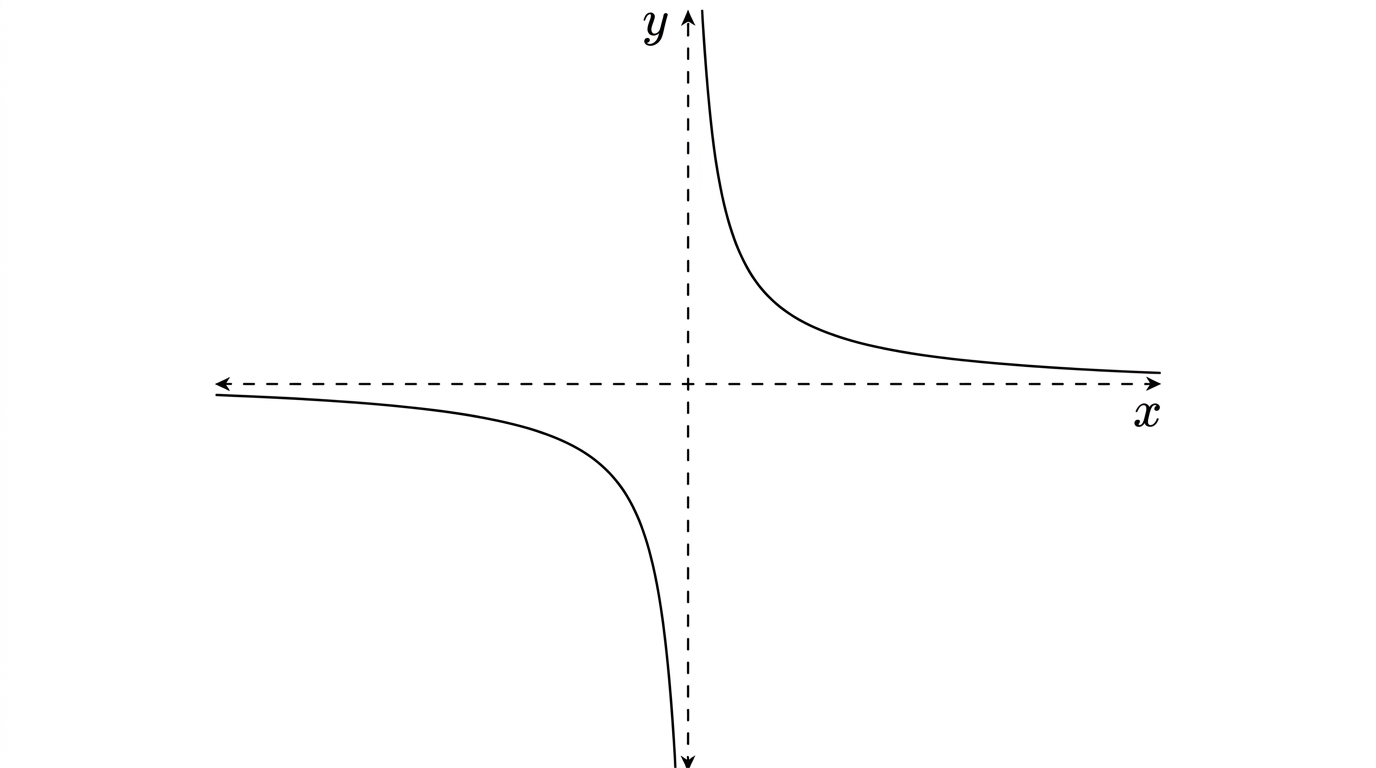 Cartesian axes with a reciprocal curve drawn as two separate branches, one in the top-right region and one in the bottom-left region, each curving in toward the horizontal and vertical axes shown as dashed asymptotes.