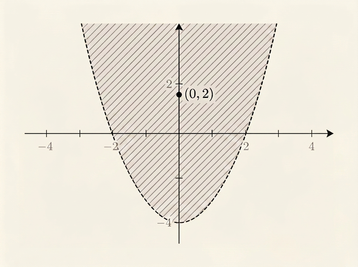 Cartesian axes with a dashed parabola y equals x squared minus 4, with the funnel-shaped region strictly between the two arms of the parabola, above the vertex, filled with light grey diagonal hatching, and the region outside the arms left plain.