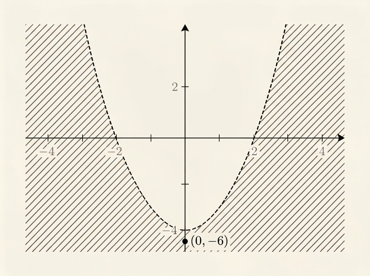 Cartesian axes with a dashed parabola y equals x squared minus 4, with the region outside the two arms of the parabola, including the band below the vertex, filled with light grey diagonal hatching, and the funnel-shaped interior between the arms left plain.