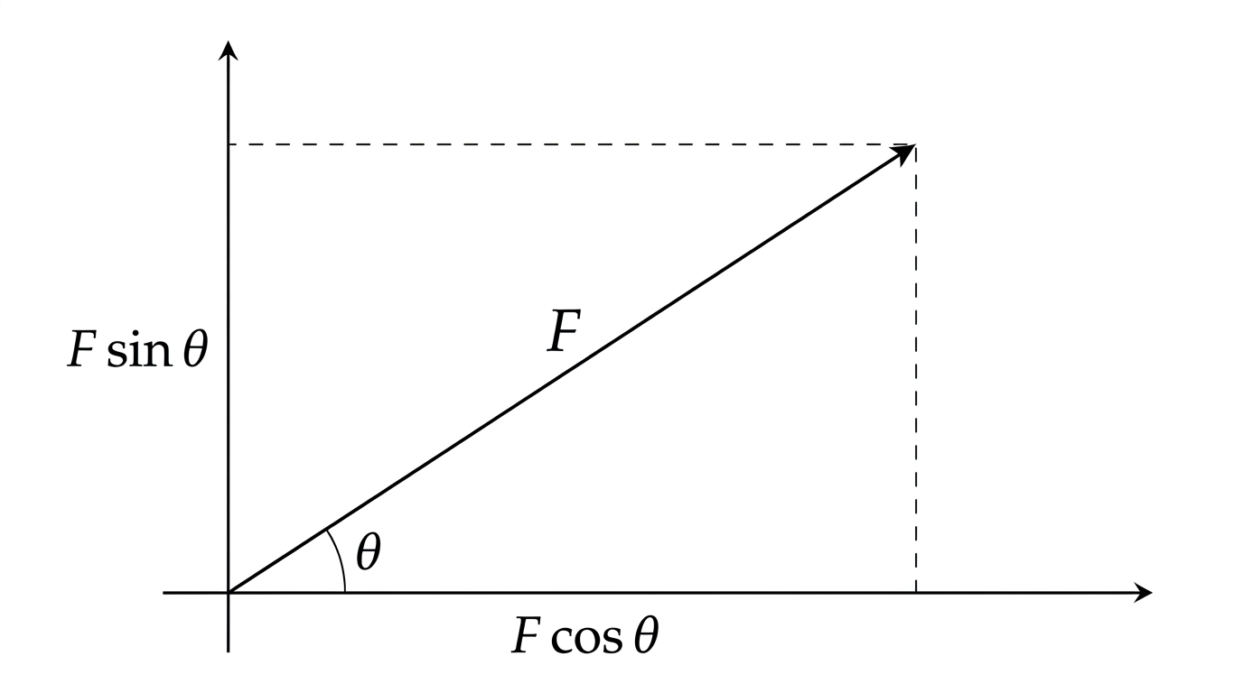 A diagram showing a single force arrow labelled F acting at angle theta above the horizontal from a point. Dashed lines drop from the tip of the arrow to the horizontal and vertical axes, forming a right-angled triangle. The horizontal leg is labelled F cos theta and the vertical leg is labelled F sin theta, with a small square marking the right angle where they meet.