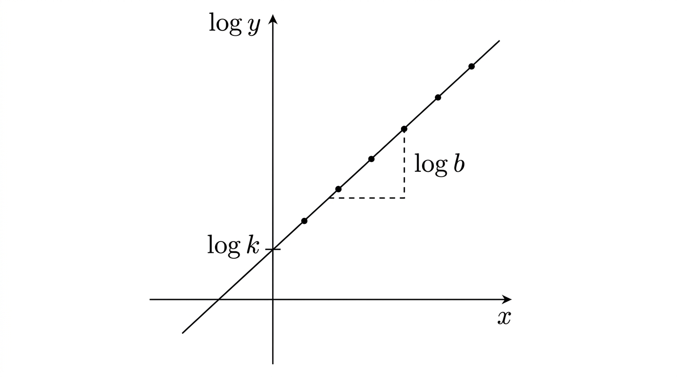 A semi-log plot: log y on the vertical axis against x on the horizontal axis, showing data points lying on a straight line. The gradient of the line is labelled log b and the vertical intercept is labelled log k.