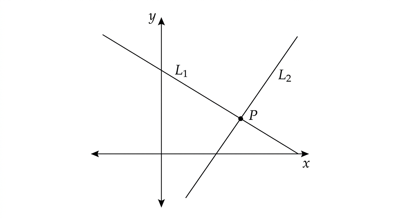 Two straight lines L1 and L2 drawn on Cartesian axes, crossing at a single point P. L1 has a negative gradient and L2 a positive gradient, and P is their unique point of intersection.