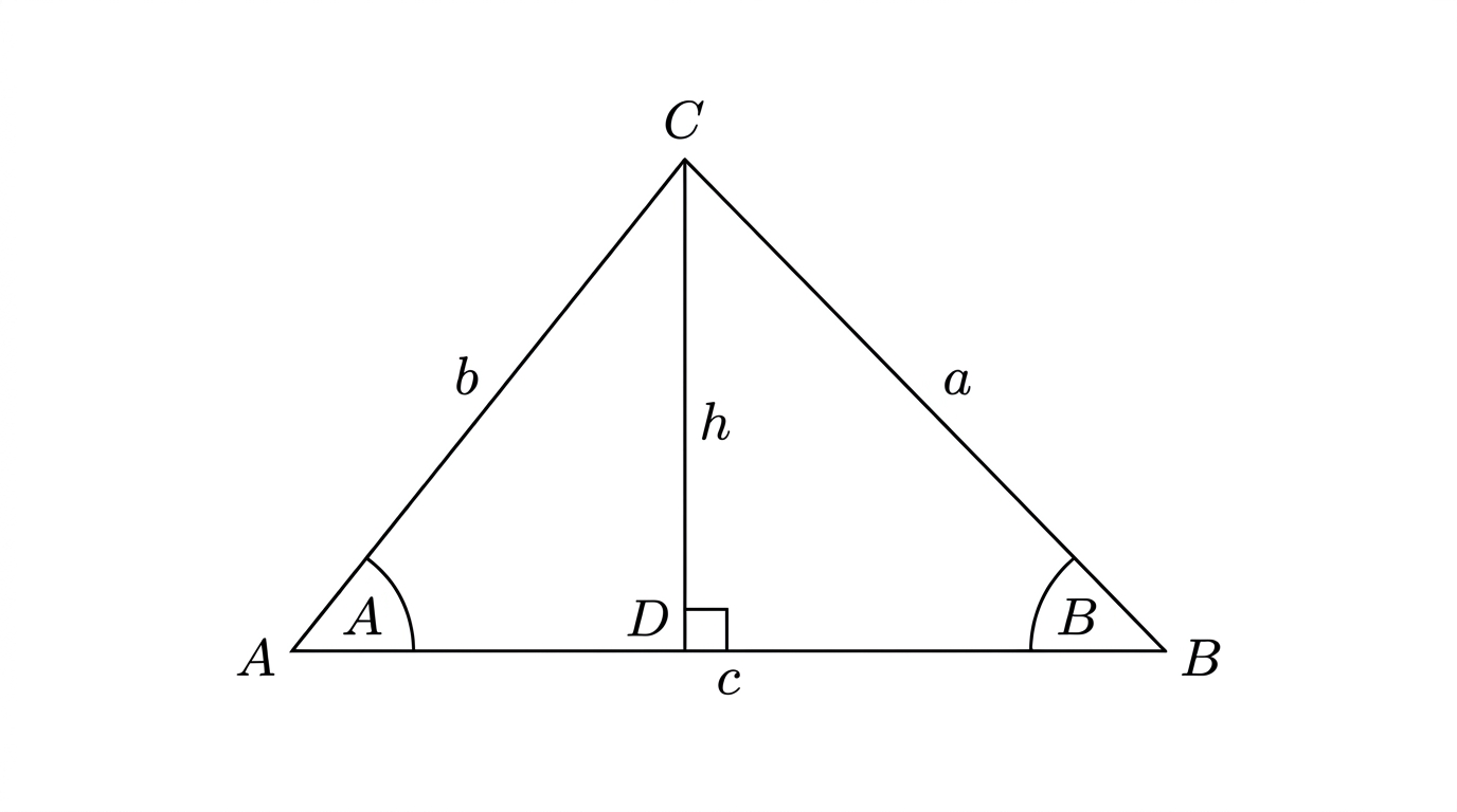 Triangle ABC with a perpendicular CD of length h dropped from C to the base AB at point D, forming a right angle at D. Angle A is at vertex A and angle B is at vertex B, side a is opposite A, side b is opposite B, and side c is the base AB.
