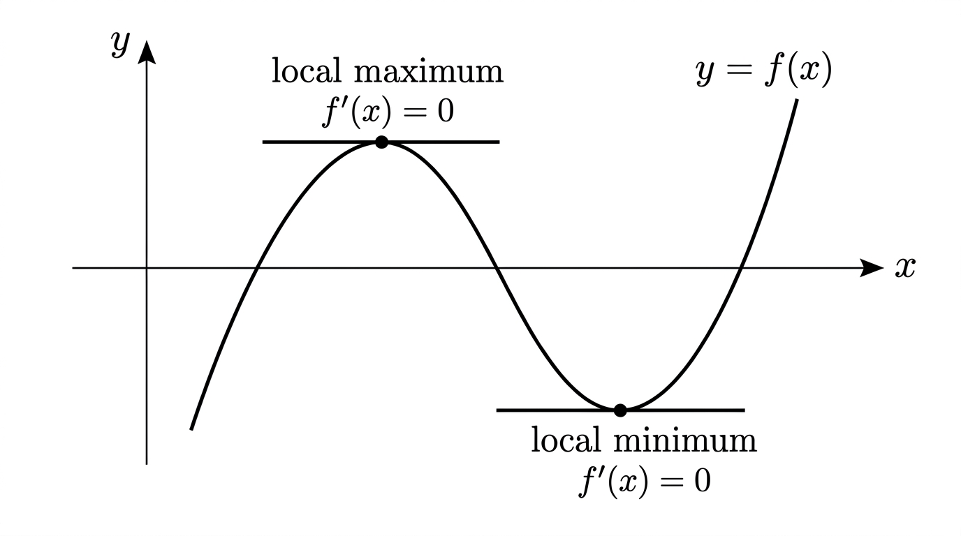 A curve labelled y = f(x) which rises to a local maximum, falls to a local minimum, then rises again. A dot marks each turning point, and through each dot a short horizontal line shows that the tangent there is flat. Both points are labelled f dash of x equals zero.