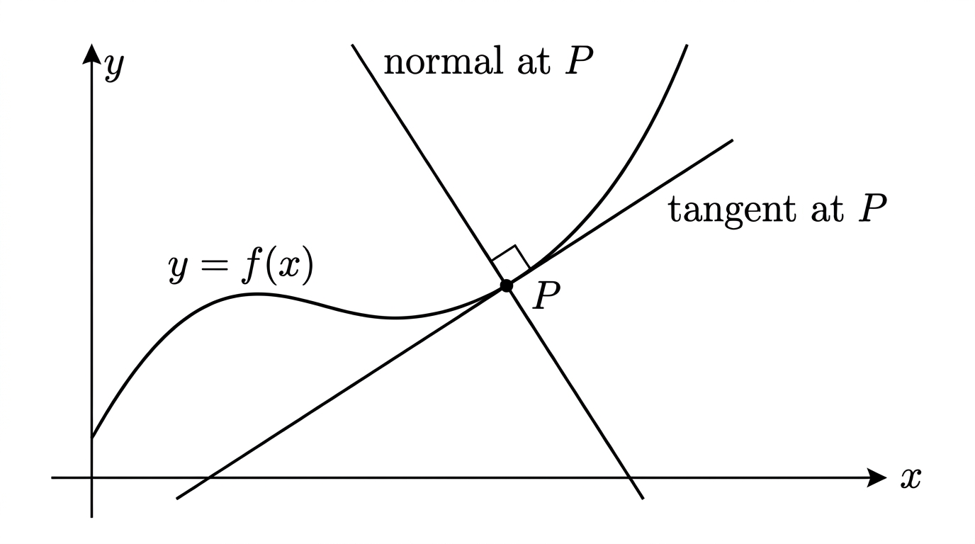 A curve with a point P marked on it. The tangent line touches the curve at P, and the normal line passes through P at right angles to the tangent. A small right-angle mark sits between the two lines at P.