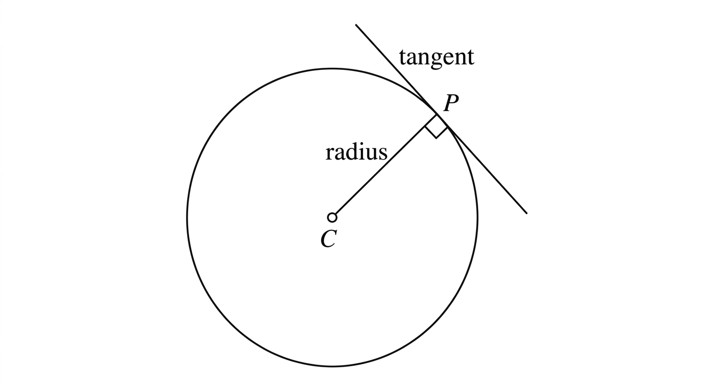 A circle with centre C and a radius drawn to a point of contact P on the circle. A tangent line touches the circle at P, meeting the radius CP at a right angle marked at P.