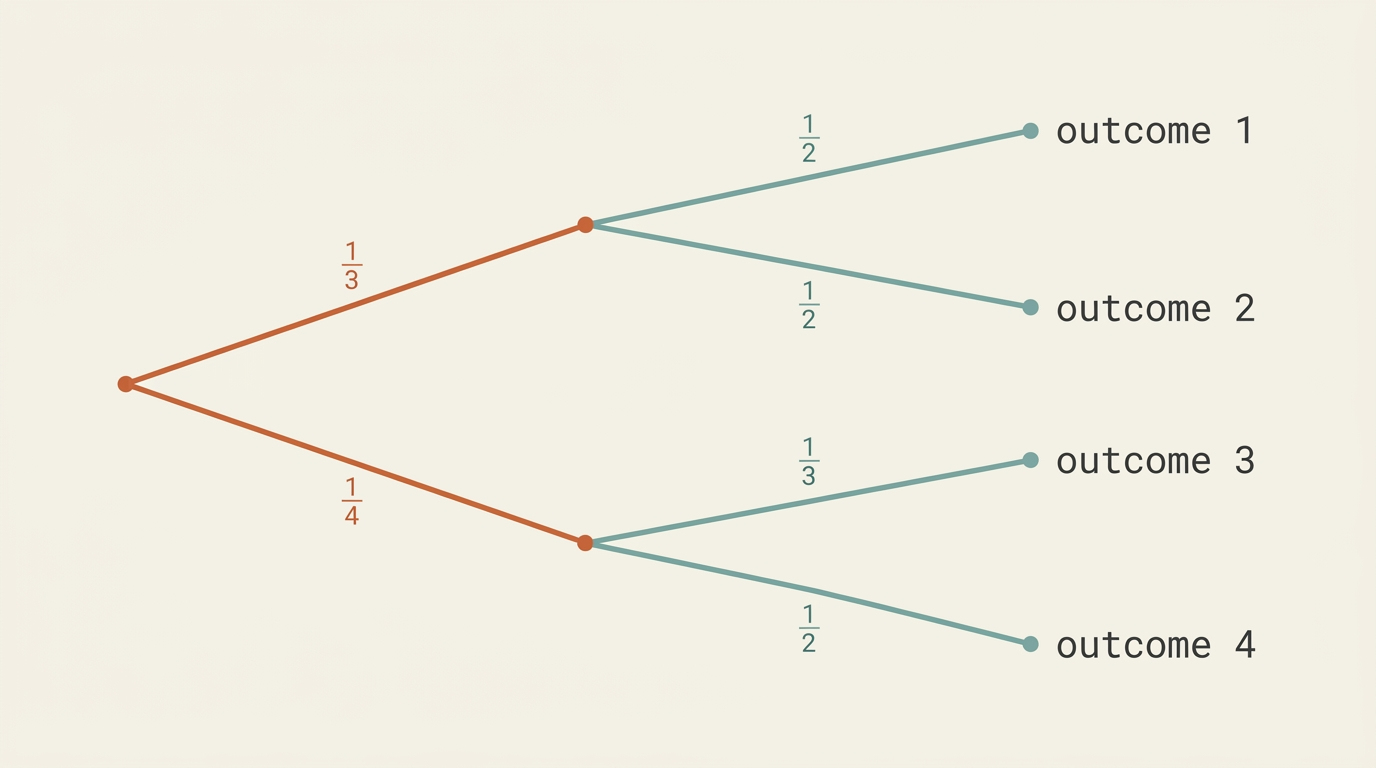 A two-stage tree diagram with a first set of branches labelled with probabilities leading to a second set of branches, each labelled with a probability, and the four complete paths from left to right shown reaching four end points.