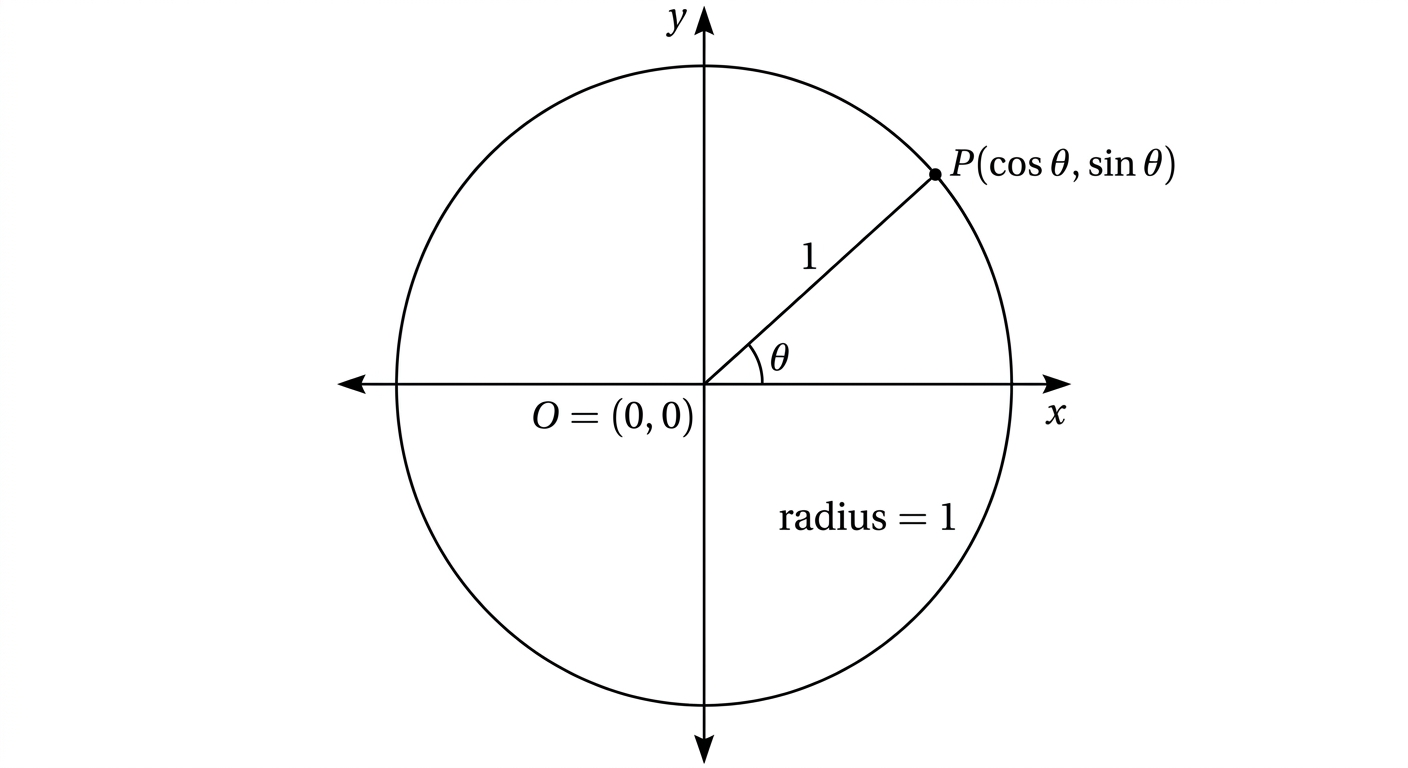 A unit circle of radius 1 centred at the origin O. A radius makes an angle theta with the positive x-axis, meeting the circle at the point P with coordinates (cos theta, sin theta).