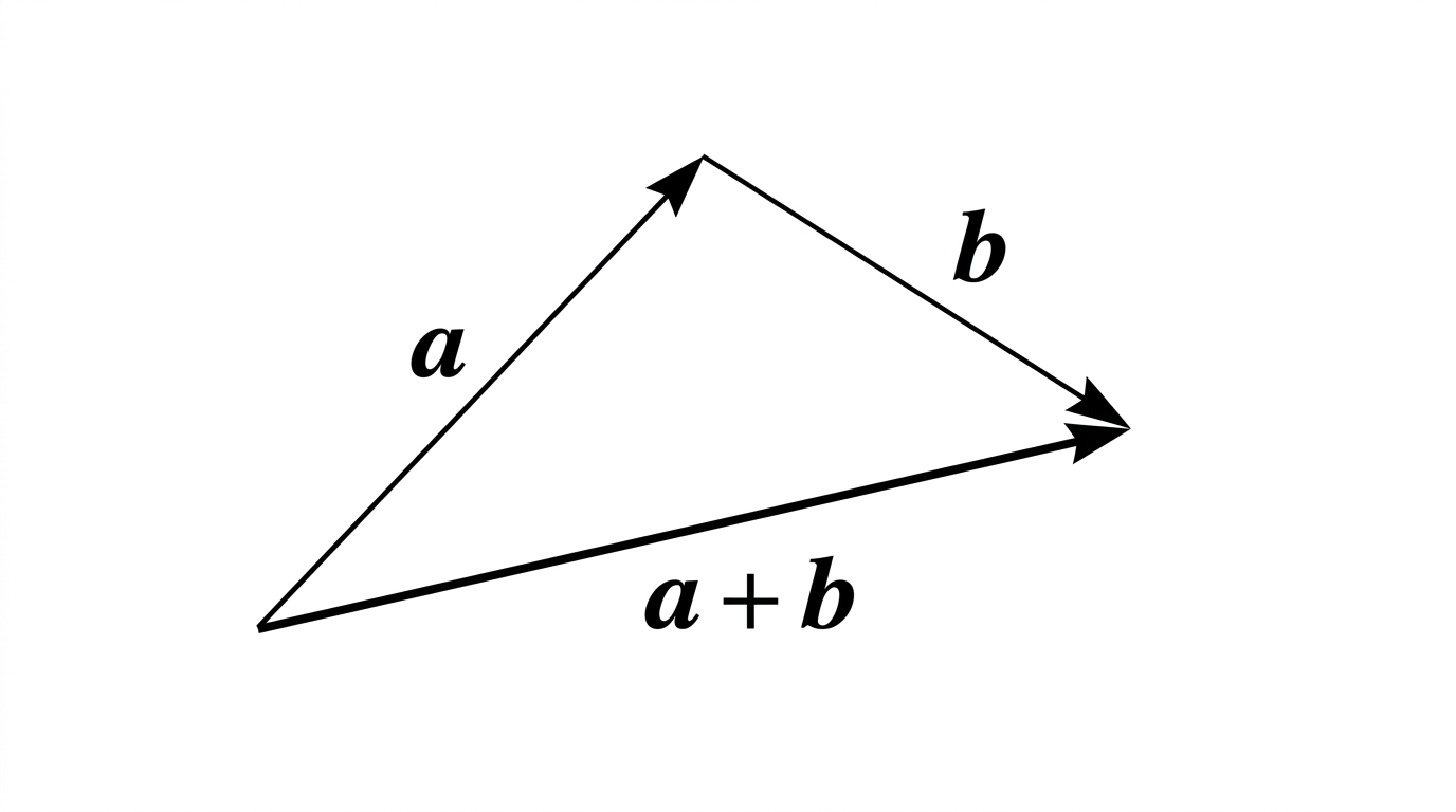 Two vectors a and b placed nose to tail. Vector a goes from the start point to a middle point, then vector b continues from there to the end point. The resultant a plus b is drawn as a single arrow from the start directly to the end, forming a triangle.