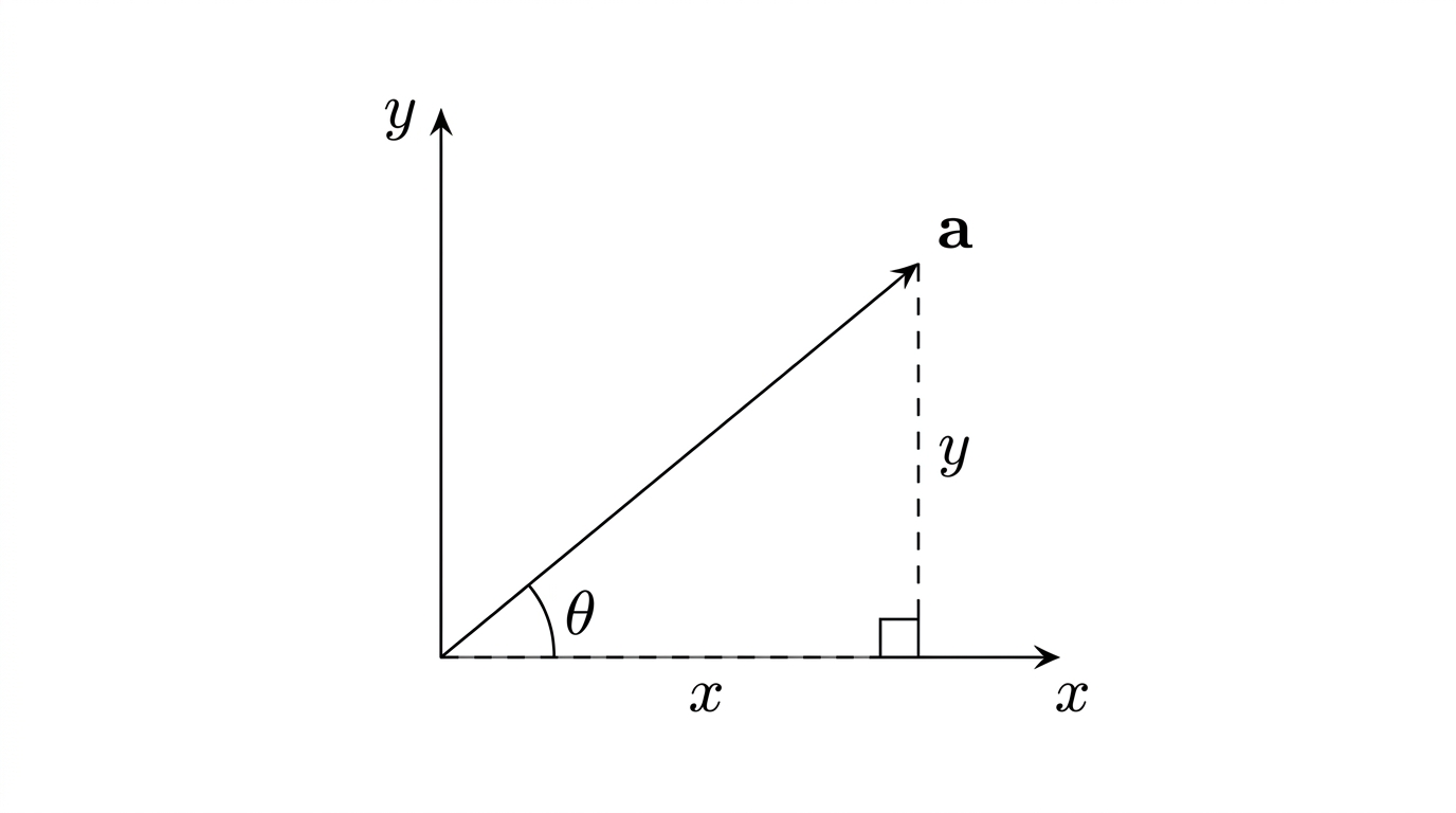 A vector drawn from the origin to a point, with its horizontal component x and vertical component y shown as the two legs of a right-angled triangle. The vector itself is the hypotenuse, labelled with its magnitude. The angle theta between the vector and the horizontal is marked.