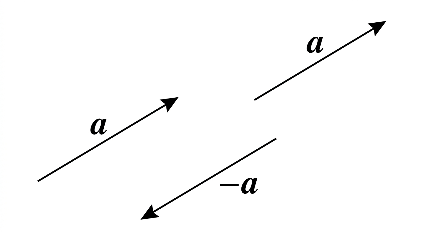 Several arrows on a grid. Two arrows of equal length pointing the same direction are labelled as the same vector a, even though they start at different points. A third arrow pointing the opposite way is labelled negative a.