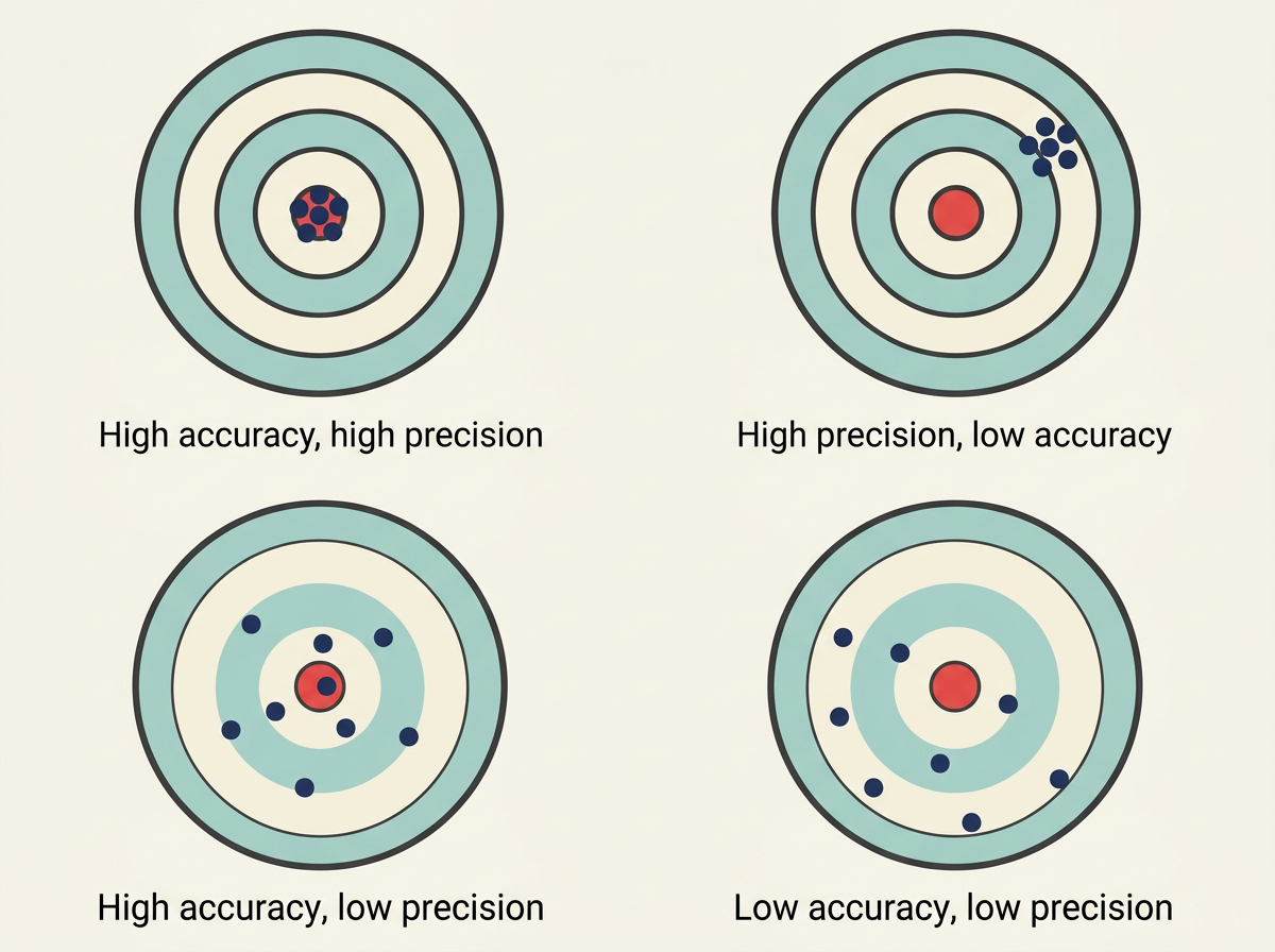 A 2x2 grid of four circular dartboard targets, each with concentric rings and a bullseye at the centre, illustrating the difference between accuracy and precision. Top-left target: high accuracy and high precision, showing a tight cluster of about five dart holes grouped closely together right on the bullseye at the centre. Top-right target: high precision but low accuracy, showing a tight cluster of about five dart holes grouped closely together but located off to one side near the edge of the target, far from the bullseye. Bottom-left target: high accuracy but low precision, showing about five dart holes scattered widely across the target but distributed roughly evenly around the central bullseye so their average position is central. Bottom-right target: low accuracy and low precision, showing about five dart holes scattered widely across the target and also clustered off to one side away from the bullseye. Each of the four targets has a caption underneath labelling it clearly: 'High accuracy, high precision', 'Low accuracy, high precision', 'High accuracy, low precision', 'Low accuracy, low precision'.